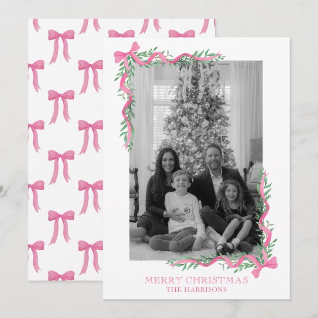 Watercolor Pink Bow Garland Photo Holiday Card (Front/Back)