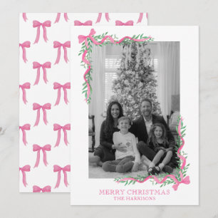Watercolor Pink Bow Garland Photo Holiday Card