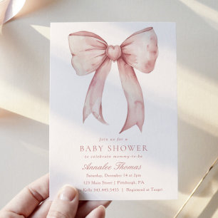 Watercolor Pink Bow Girl Baby Shower Invitation