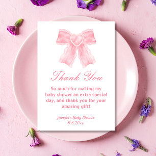 watercolor pink bow girl baby shower  thank you card