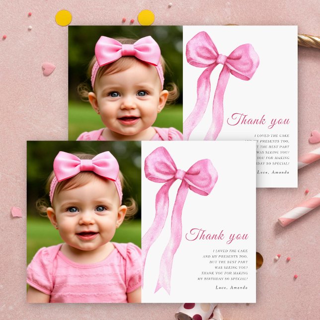 Watercolor pink bow girl birthday party thank you card (Creator Uploaded)