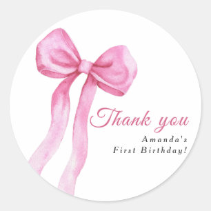 Watercolor pink bow girl birthday party thank you classic round sticker