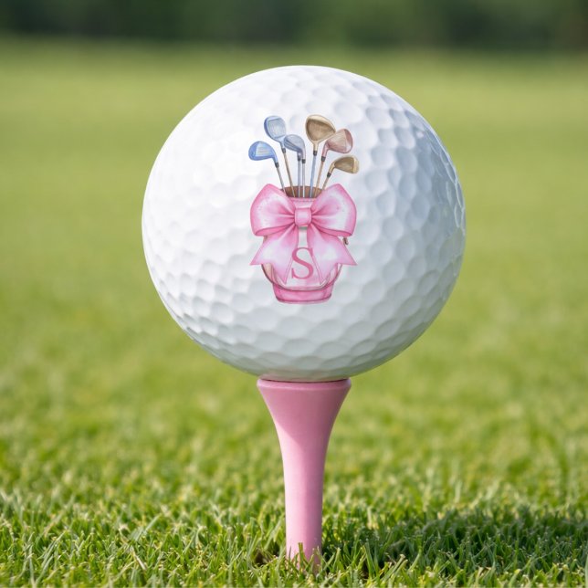 Watercolor Pink Bow Golf Bag Monogram Golf Balls (Creator Uploaded)