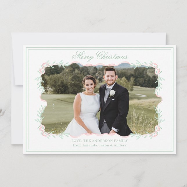 Watercolor Pink Bow Greenery Christmas Photo Holiday Card (Front)