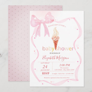 Watercolor Pink Bow Ice cream Dots Baby Shower Invitation