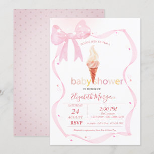 Watercolor Pink Bow Ice cream Dots Baby Shower Invitation