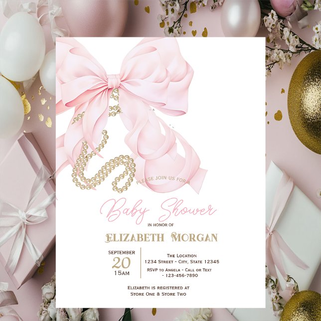 Watercolor Pink Bow Pearls Dots Baby Shower  Invitation (Creator Uploaded)
