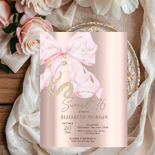 Watercolor Pink Bow Pearls Rose Gold Sweet 16 Invitation