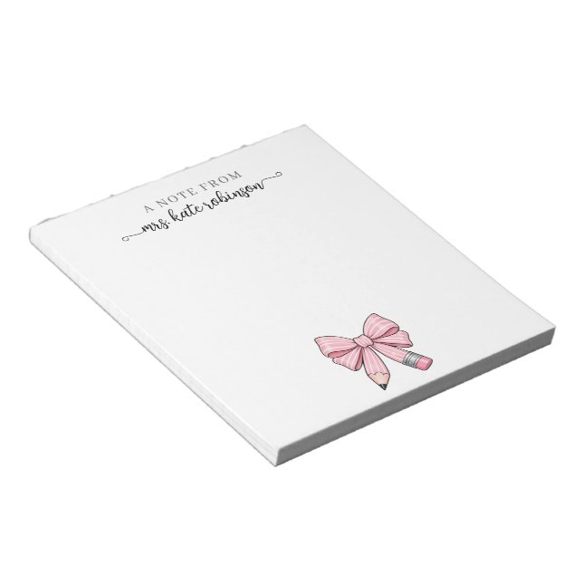 Watercolor pink bow pencil Note from Teacher  (Angled)