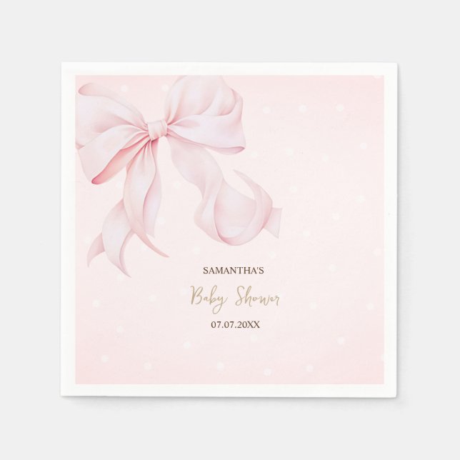 Watercolor Pink Bow Pink Dots Baby Shower  Napkin (Front)