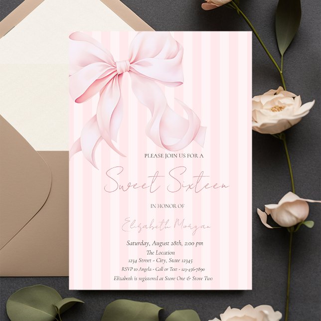  Watercolor Pink Bow Pink Stripes Sweet 16 Invitation (Creator Uploaded)
