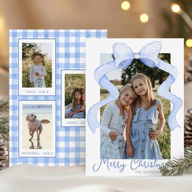 Watercolor Pink Bow Ribbon Sash Christmas Photo Holiday Card (Creator Uploaded)