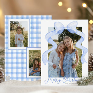 Watercolor Pink Bow Ribbon Sash Christmas Photo Holiday Card
