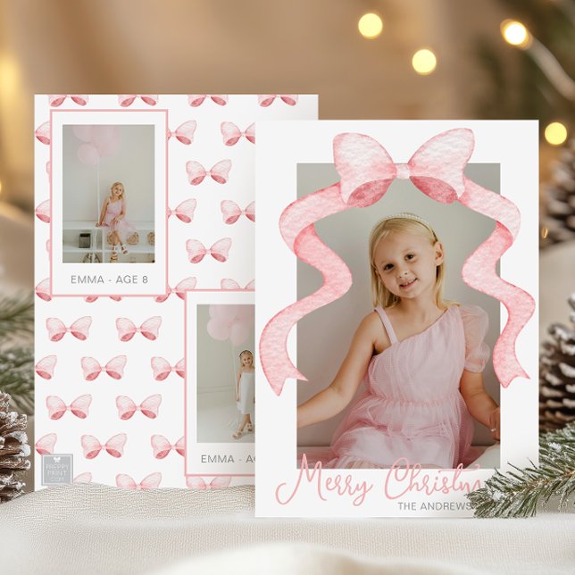 Watercolor Pink Bow Ribbon Sash Christmas Photo Holiday Card (Creator Uploaded)