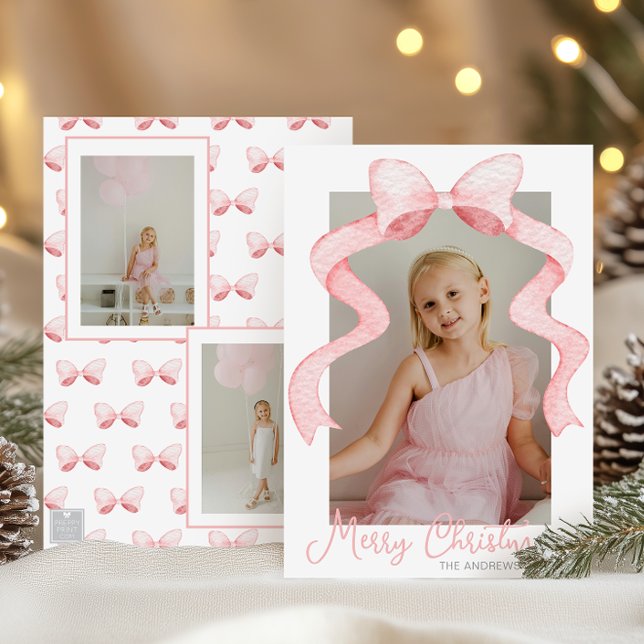 Watercolor Pink Bow Ribbon Sash Christmas Photo Holiday Card (Creator Uploaded)