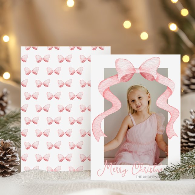 Watercolor Pink Bow Ribbon Sash Christmas Photo Holiday Card (Creator Uploaded)