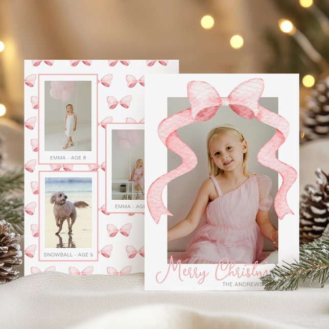 Watercolor Pink Bow Ribbon Sash Christmas Photo Holiday Card (Creator Uploaded)