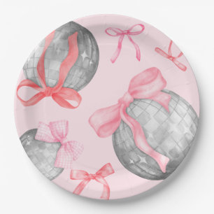Watercolor Pink Bow Ribbon Silver Disco Ball Paper Plate
