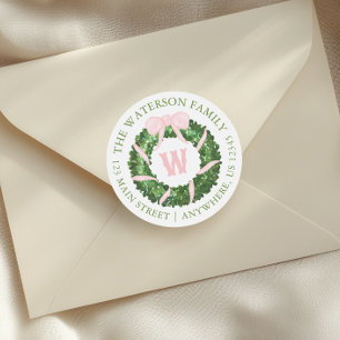 Watercolor Pink Bow Sash Christmas Wreath Gift Classic Round Sticker