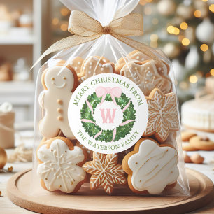 Watercolor Pink Bow Sash Christmas Wreath Gift Classic Round Sticker