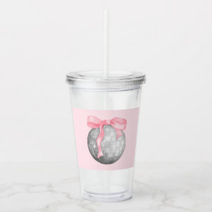 Watercolor Pink Bow Silver Disco Ball Acrylic Tumbler