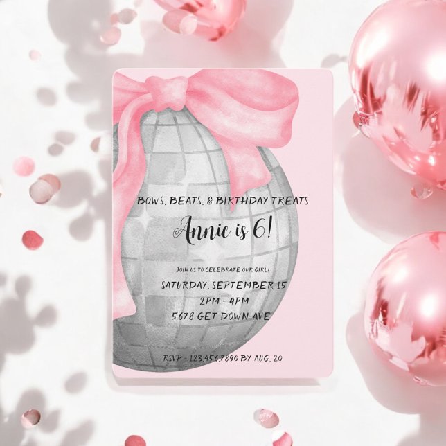 Watercolor Pink Bow Silver Disco Ball Birthday Invitation (Creator Uploaded)