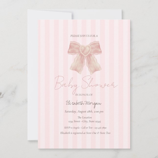  Watercolor Pink Bow Striped Baby Shower Invitation (Front)