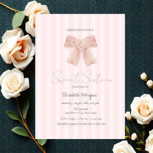  Watercolor Pink Bow Striped Sweet 16 Invitation