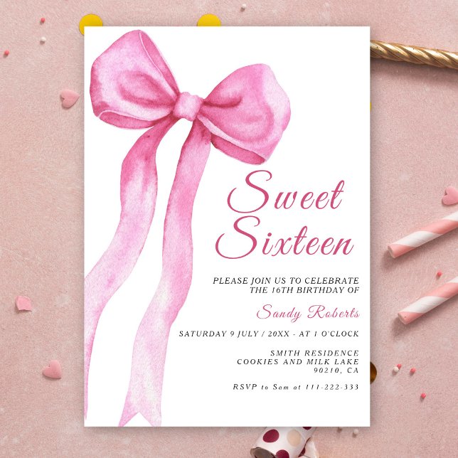 Watercolor Pink Bow Sweet 16 Birthday Invitation (Creator Uploaded)