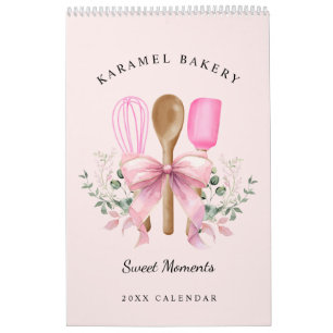 Watercolor Pink Bow Utensils Bakery Calendar