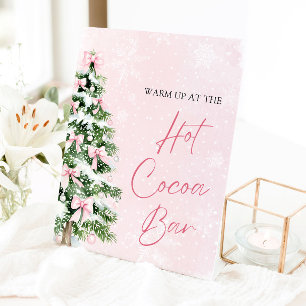 Watercolor Pink Bows Christmas Tree Hot Cocoa Bar Pedestal Sign