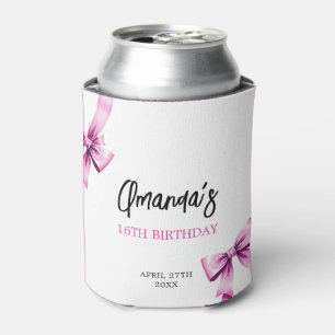 Watercolor Pink Bows Coquette Sweet 16 Birthday Can Cooler
