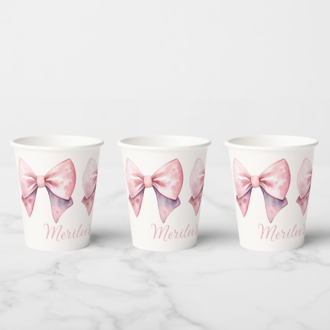 Watercolor Pink Bows Personalised Baby Shower Paper Cups (Multi)
