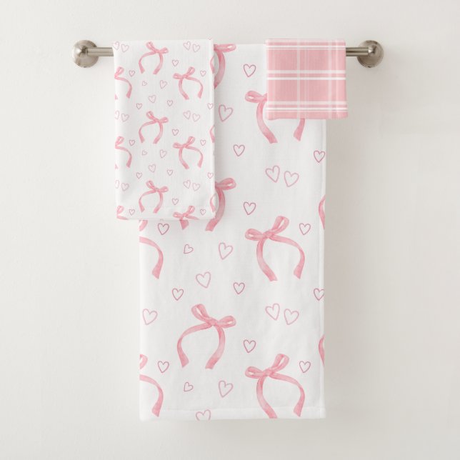 Watercolor Pink Bows with Hearts Bath Towel Set (Insitu)