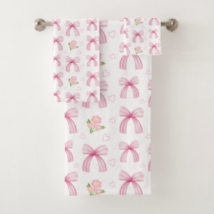 Watercolor Pink Bows with Hearts Bath Towel Set