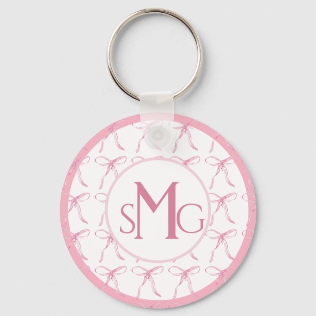 Watercolor Pink Bows with Monogram  Key Ring (Front)