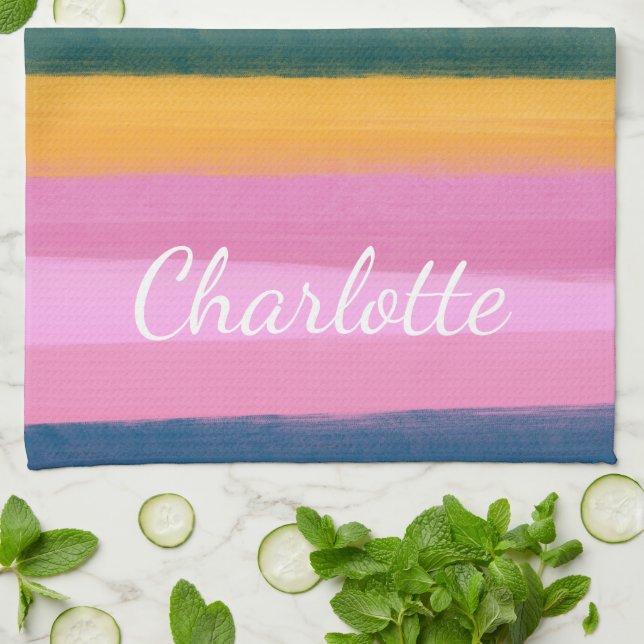 Watercolor Pink Brush Stroke Stripes Personalised  Tea Towel (Folded)