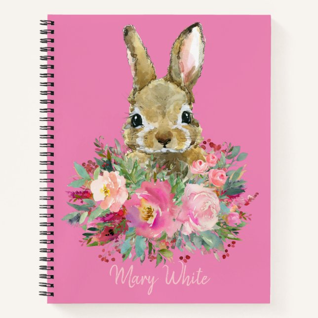Watercolor Pink Bunny Floral Cute Personalised  Notebook (Front)