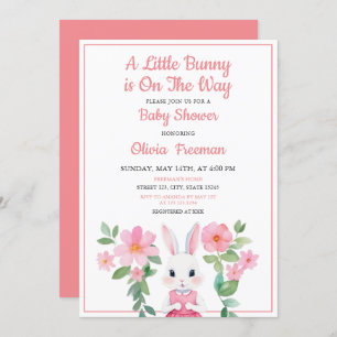 Watercolor Pink Bunny Girl Floral Baby Shower Invitation