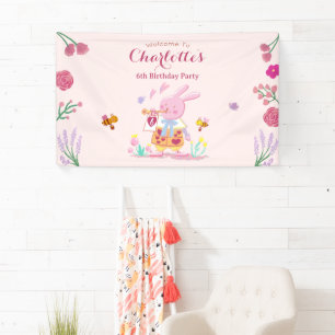 watercolor pink bunny in the garden kids birthday banner
