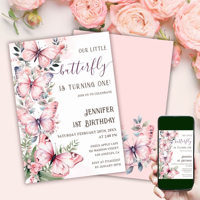 Watercolor Pink Butterflies 1st Birthday Butterfly Invitation (Creator Uploaded)