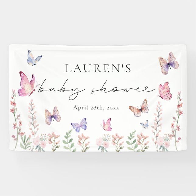 Watercolor Pink Butterflies Baby Shower  Banner (Horizontal)