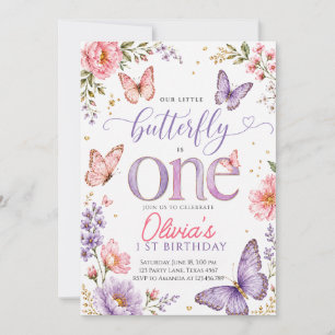 Watercolor Pink Butterfly 1st Birthday Invitation