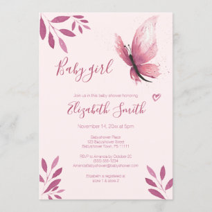 Watercolor pink butterfly baby girl babyshower invitation