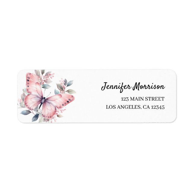Watercolor Pink Butterfly Birthday Address Label (Front)