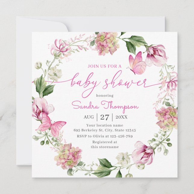 Watercolor Pink Butterfly Floral Baby Shower Invitation (Front)