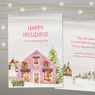 Watercolor Pink Cabin Christmas Holiday Card