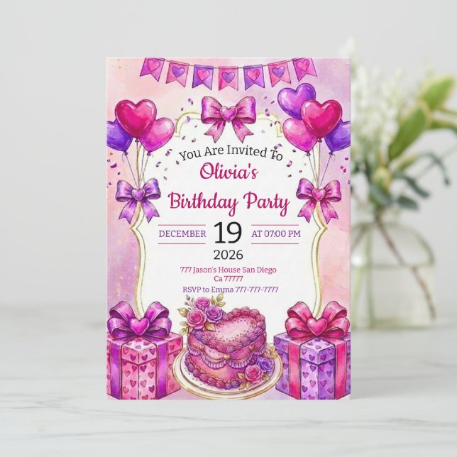 Watercolor Pink Cake and Floral Heart Birthday Invitation (Standing Front)