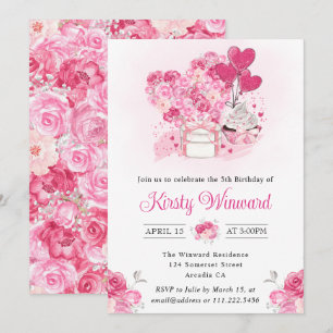 Watercolor Pink Cake and Floral Heart Birthday Invitation