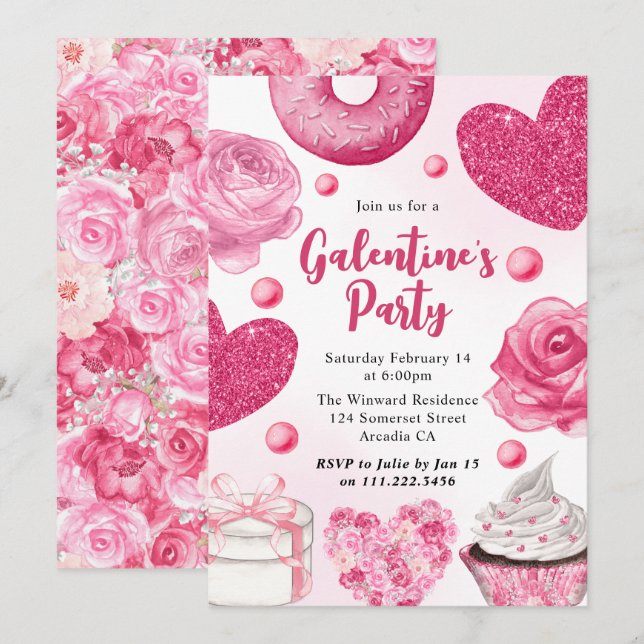 Watercolor Pink Cakes and Treats Galentine's Party Invitation (Front/Back)